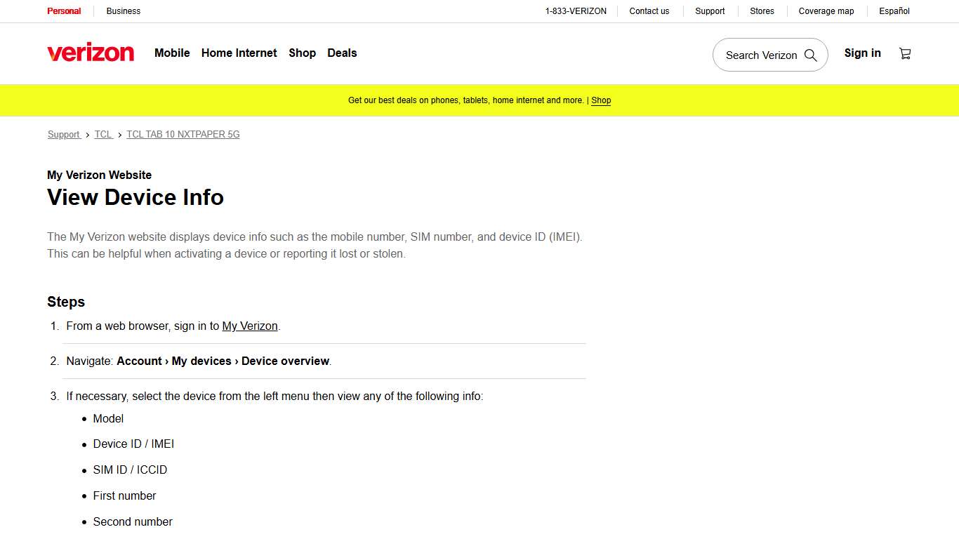 My Verizon Website - View Device Info